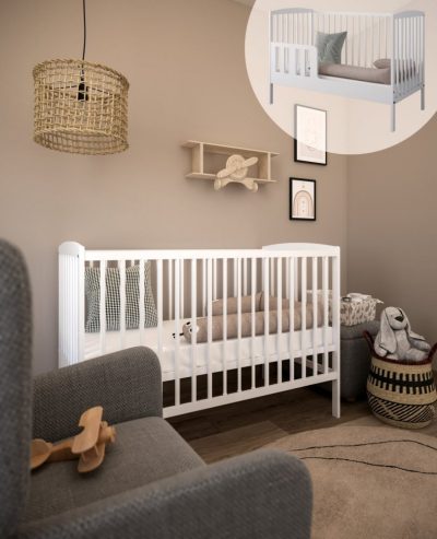Patut 2 in 1 Pure alb din lemn cu somiera reglabila, trepte detasabile si bariera transformare 120 x 60 cm