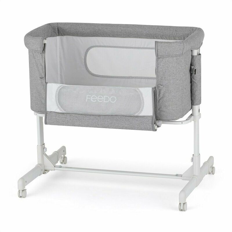 Patut co-sleeper 2 in 1 Feedo Gri pliabil, reglabil in 5 pozitii, cu laterala detasabila, roti, greutate suportata 9 kg, 0-5 luni