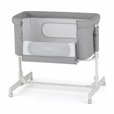 Patut co-sleeper 2 in 1, Feedo, Pliabil, Reglabil in 5 pozitii, Cu laterala detasabila, Cu roti, Greutate maxima suportata 9 kg, 0-5 luni, Gri
