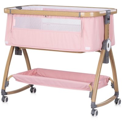 Patut co-sleeper Chipolino Charisma Powder Pink Wood cu laterala culisanta si functie de leagan