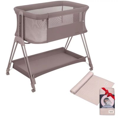 Patut co-sleeper, Lionelo, Luna Beige Taupe, 2 in 1, Cu laterala culisanta si roti, Cu muselina din bambus, 120x120 cm, Bej