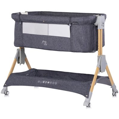 Patut co-sleeper pliabil Chipolino SleepNFold Charcoal cu inaltime reglabila, pozitie anti-reflux, functie de leganare, salteluta de infasat, plasa anti-insecte, roti cu frana