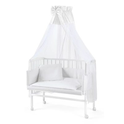 Patut co-sleeping Waldin, 90x55 cm, fag, vopsea certificata, roti, saltea, accesorii incluse, laterala detasabila, alb