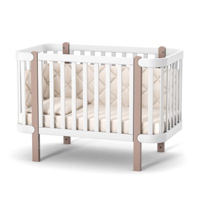 Patut din lemn masiv de fag Monaco pentru copii 0-4 ani, 120 x 60 cm, inaltimea saltelei reglabila in 4 nivele si laterala detasabila Alb-cappuccino