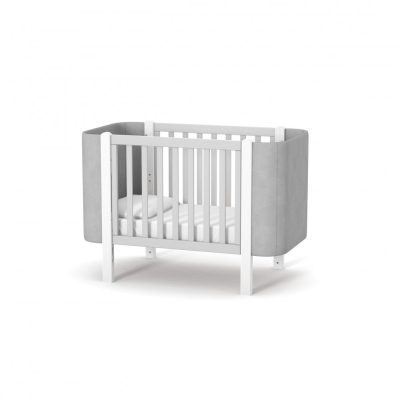 Patut pentru copii 120 x 60 cm din lemn de fag 0-4 ani Monaco Velour Gri, cu inaltimea saltelei reglabila si laterala detasabila