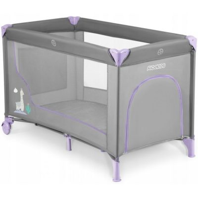 Patut pliabil cu un nivel pentru copii Ricokids,pliere compacta,usa de acces cu fermoar,roti cu frane,husa transport si saltea pliabila incluse Gri Lavanda