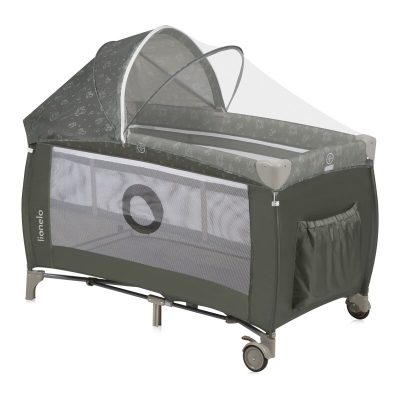 Patut pliabil, Lionelo, Sven Plus, 120x60 cm, Cu doua nivele, Cu arcada jucarii, masuta de infasat, vibratii, melodii, conform cu standardele europeane de securitate EN716 si EN12221, Bej Olive