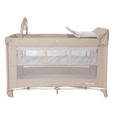 Patut pliabil Noemi Plus Fog Beige Star cu 2 nivele, usa laterala cu fermoar, roti cu sistem de blocare, accesorii incluse