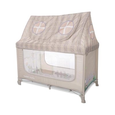 Patut pliabil pentru copii Lorelli Sweet Home Beige 2 nivele, usa laterala cu fermoar, capotina detasabila