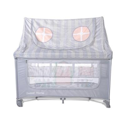 Patut pliabil pentru copii Lorelli Sweet Home Grey 2 nivele, usa laterala cu fermoar, capotina detasabila