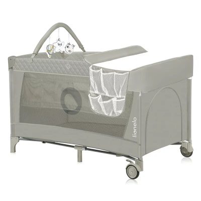 Patut pliant, Lionelo, Flower, Cu doua nivele, Cu arcada, Geanta transport, Masuta de infasat, Bara cu jucarii, Fereastra laterala, 120x60 cm, Conform cu standardele europeane de securitate EN 716 si EN12221, Cappuccino