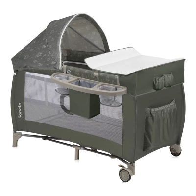 Patut pliant, Lionelo, Sven Plus, 120x60 cm, Cu doua nivele, Cu arcada jucarii, masuta de infasat, vibratii, melodii, conform cu standardele europeane de securitate EN716 si EN12221, Bej Olive