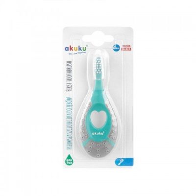 Periuta de dinti Akuku First brush MintGri pentru bebelusi si copii,peri moi,maner silicon,capac inclus,recomandat pentru 0-2 ani