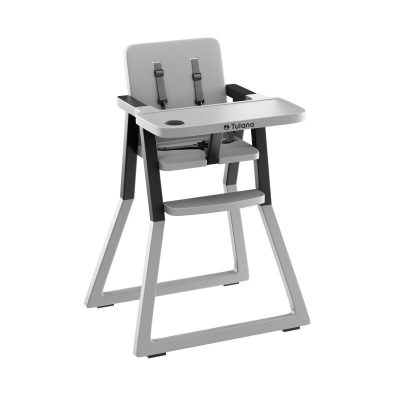 Scaun de masa copii Tulano Morsel 25 GreyBlack pliabil ultra compact 9cm, tavita reglabila, centuri de siguranta, greutate admisa 15 kg