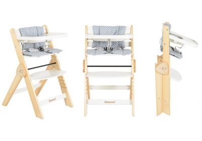 Scaun de masa multifunctional Cangaroo Caramel White 2in1 din lemn cu sezut reglabil 3 nivele,de la 6luni,suport picioare reglabil 6 nivele,pliere compacta,centura de siguranta,pernuta moale inclusa,picioare antiderapante