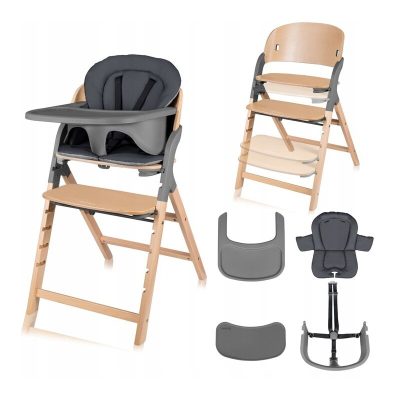 Scaun de masa multifunctional Megan Lionelo, din lemn de fag, 6 luni- adult, reglabil pe inaltime, husa impermeabila, tavita silicon, suport de picioare reglabil, greutate maxima 110 Kg, Gri