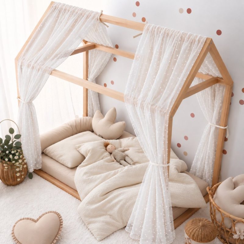 Set 2 baldachine din organza cu picouri pentru pat tip casuta Little Amy 2 x 300 cm pentru pat 80 x 160 cm alb