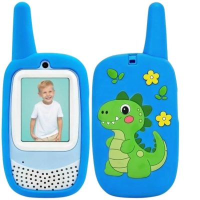 Set 2 statii Walkie-Talkie video, Free2Play, Dinosaur, Cu camera si ecran IPS 2\ , raza 300 m, 3 ani+, Blue