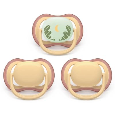 Set 3 suzete bebelusi, Philips Avent, Ultra Air Day & Night, Ortodontice, Silicon moale, Ventilate, Senzatie naturala, Fara BPA, 0-6 luni, Bej/Luna