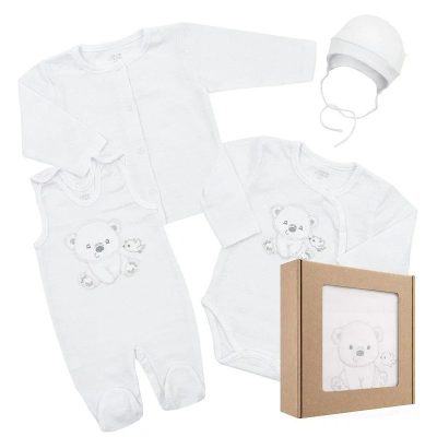 Set 4 piese, New Baby, Include bluza, body cu maneca lunga, salopeta fara maneci, caciulita, Marime 56, Din bumbac 100%, Sweet Bear White