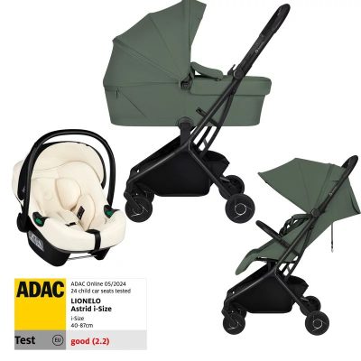 Set Carucior 3 in 1, Lionelo, Sia Flex, Include landou pliabil pe cadru, 0-48 luni, Sustine 22 kg, Cu scoica auto testata ADAC, Green Emerald/Beige Cream