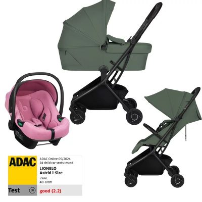 Set Carucior 3 in 1, Lionelo, Sia Flex, Include landou pliabil pe cadru, 0-48 luni, Sustine 22 kg, Cu scoica auto testata ADAC, Green Emerald/Pink Coral