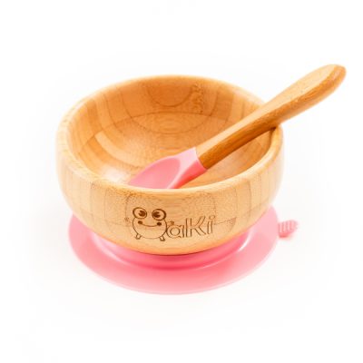 Set castron si farfurie cu lingurita pentru diversificare Oaki din bambus Elefant Roz