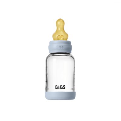 Set complet biberon din sticla anticolici cu tetina din latex, flux lent, 120 ml, Baby Blue