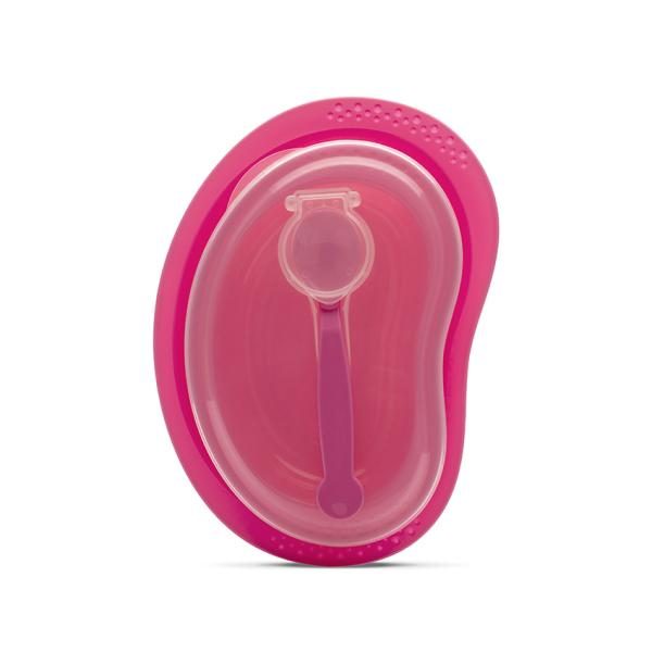 Set de hranire cu 3 piese Lorelli Pink contine farfurie, castron cu capac si lingurita 6 luni+