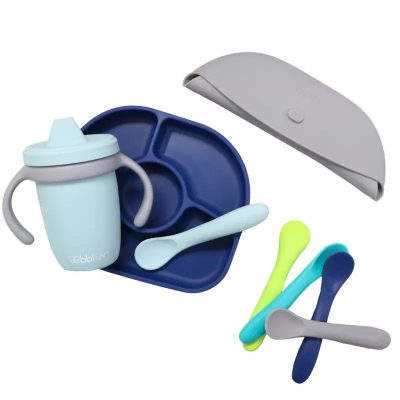 Set de masa complet, BBluv, Set, Include farfurie compartimentata, baveta portabila cu buzunar, Canuta si lingurita, Silicon, Fara BPA, Navy