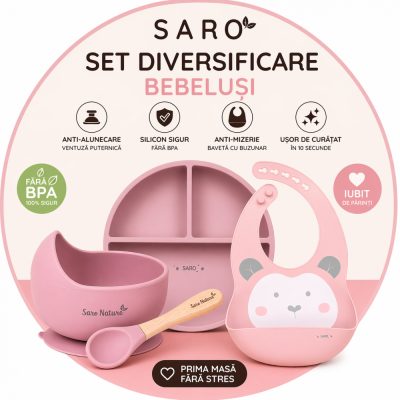 Set diversificare bebelusi Saro Roz farfurie din silicon, bol cu ventuza, baveta, lingurita ergonomica