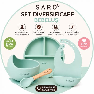 Set diversificare bebelusi Saro Verde farfurie din silicon, bol cu ventuza, baveta, lingurita ergonomica