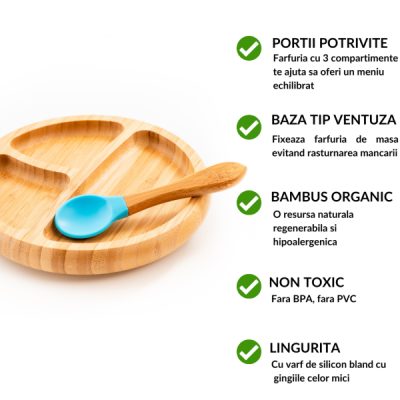 Set diversificare pentru copii castron, farfurie si doua lingurite din bambus Oaki albastru
