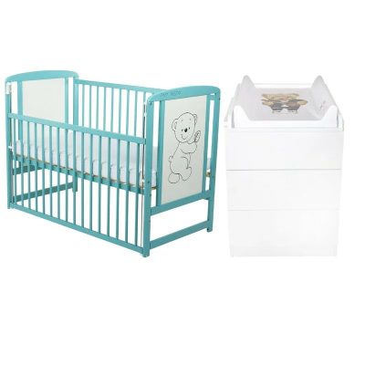 Set mobilier pentru copii, BabyNeeds: Patut din lemn de pin, cu laterala culisanta si somiera reglabila in 3 trepte, Timmi, 120x60 cm + Saltea cocos-burete-cocos, 12 cm + Comoda cu masuta de infasat, Alb/Mint