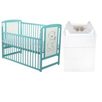 Set mobilier pentru copii, BabyNeeds: Patut din lemn de pin, cu laterala culisanta si somiera reglabila in 3 trepte, Timmi, 120x60 cm + Saltea cocos-burete-cocos, 12 cm + Comoda cu masuta de infasat, Alb/Mint