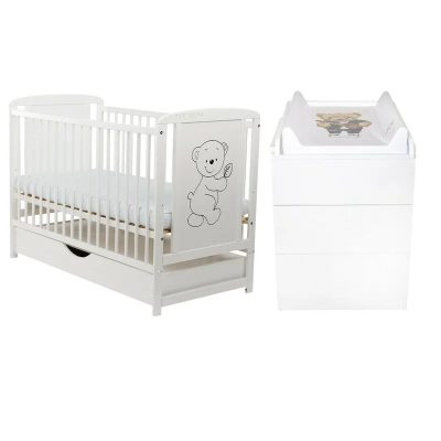 Set mobilier pentru copii, BabyNeeds: Patut din lemn de pin, cu sertar cu capac si somiera reglabila in 3 trepte, Timmi, 120x60 cm + Saltea cocos-burete-cocos, 12 cm + Comoda cu masuta de infasat, Alb