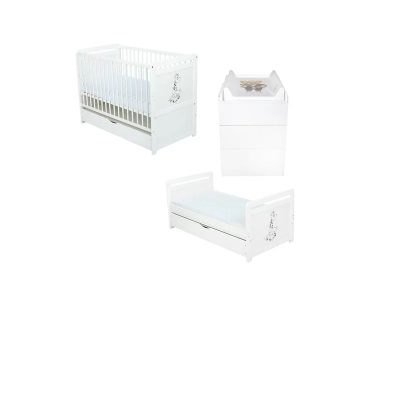 Set mobilier pentru copii, BabyNeeds: Patut multifunctional din lemn de pin, transformabil junior, cu sertar si somiera reglabila in 3 trepte, Nadia II, 120x60 cm + Saltea cocos-burete 10 cm + Comoda cu masa de infasat, Alb