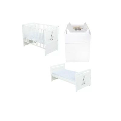 Set mobilier pentru copii, BabyNeeds: Patut multifunctional din lemn de pin, transformabil junior, cu somiera reglabila in 3 trepte, Nadia II, 120x60 cm + Saltea cocos-burete 10 cm + Comoda cu masa de infasat, Alb