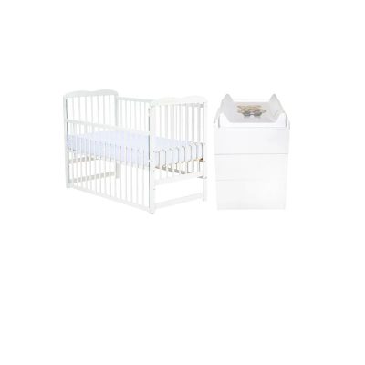 Set mobilier pentru copii, Qmini: Patut din lemn de pin cu roti, cu laterala culisanta si somiera reglabila in 3 trepte, Agata, 120x60 cm + Saltea cocos-burete-cocos, 10 cm + Comoda cu masuta de infasat, Alb