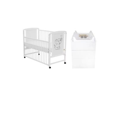 Set mobilier pentru copii, Qmini: Patut din lemn de pin cu roti, cu laterala culisanta si somiera reglabila in 3 trepte, Timmi Elefant, 120x60 cm + Saltea cocos-burete-cocos, 10 cm + Comoda cu masuta de infasat, Alb