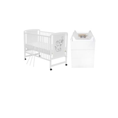 Set mobilier pentru copii, Qmini: Patut din lemn de pin si MDF cu roti, cu somiera reglabila in 3 trepte, Timmi Elefant, 120x60 cm + Saltea cocos-burete-cocos, 10 cm + Comoda cu masuta de infasat, Alb