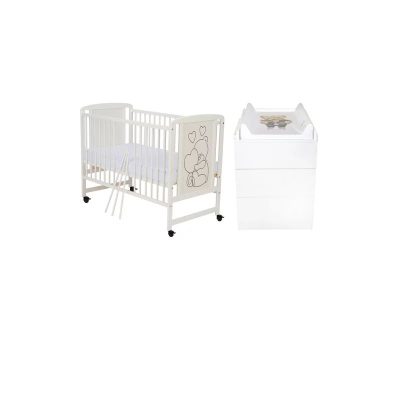 Set mobilier pentru copii, Qmini: Patut din lemn de pin si MDF cu roti, cu somiera reglabila in 3 trepte, Timmi Heart, 120x60 cm + Saltea cocos-burete-cocos, 12 cm + Comoda cu masuta de infasat, Alb