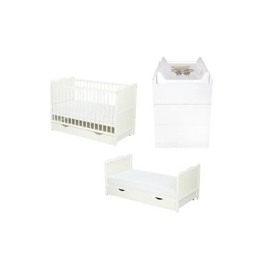 Set mobilier pentru copii, Qmini: Patut multifunctional din lemn de pin, cu sertar si somiera reglabila in 3 trepte, Julia, cu protectie dentitie, 120x60 cm + Saltea cocos-burete 10 cm + Comoda Qmini cu masa infasat, Alb