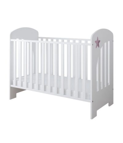 Set Patut din lemn 120x60cm cu somiera reglabila pe 3 nivele de inaltime,margine din silicon pentru protectie dintisori Little Star Pink + Saltea cu husa detasabila 12 cm grosime Nichiduta Cocos Comfort +