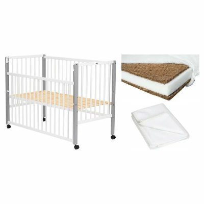 Set Patut din lemn bebe Qmini, Maya cu laterala culisanta, 120x60 cm, Alb + Saltea patut bebe, Cocos Confort II, Cu fibre de cocos si strat de burete, 120x60x10 cm + Protectie impermeabila, Pentru patuturi 120x60 cm, Alb