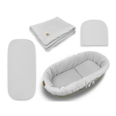Set pentru landou/cosulet, Qmini, Cu protectie, pilota, saltea, pernuta, Din muselina dubla, Material certificat Oeko Tex Standard 100, Grey
