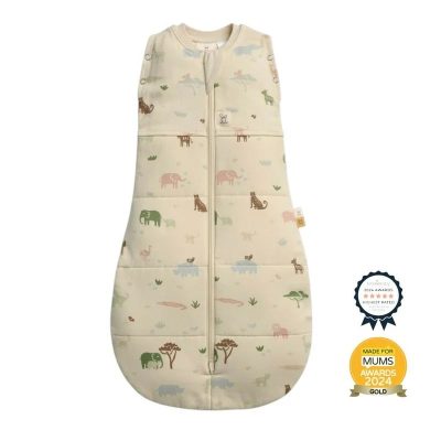 Sistem de infasat si sac de dormit, ErgoPouch, 2 in 1, 3-6 luni, 6-8 kg, TOG 0.2, Bumbac organic, Fermoar bidirectional, Transformabil, Lavabil la masina, Certificat non-toxic, Premiat in Australia, Model savana, Crem