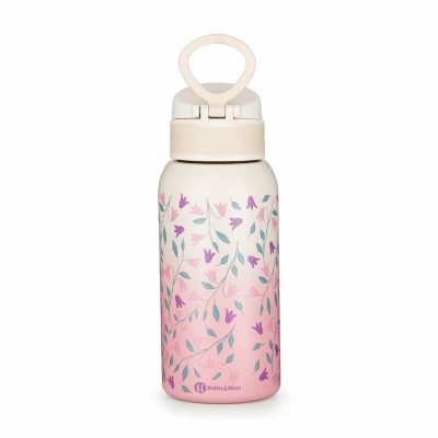 Sticla termos lichide, Petite&Mars, Delicate Flowers, Cu cioc, Din otel inoxidabil, Cu mentinere de temperatura calda pana la 12 h, Rece pana la 24 h, 500 ml, Fara BPA, Cu maner de transport, 3 ani+, Roz