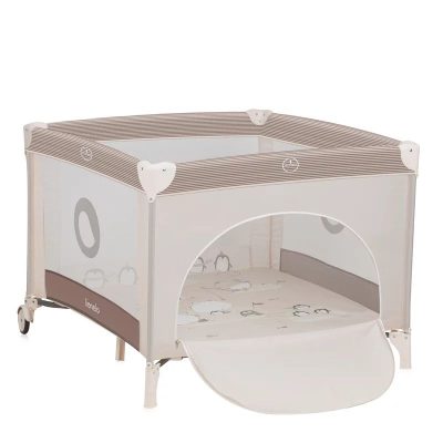 Tarc de joaca copii, Lionelo, Bonnie, Pana la 15 kg, 100 x 100 cm, Pliere compacta, Include geanta de transport, Din plasa, Cu intrare laterala cu fermoar, Cu roti, Cu salteluta din spuma, Conform cu EN12227, Bej