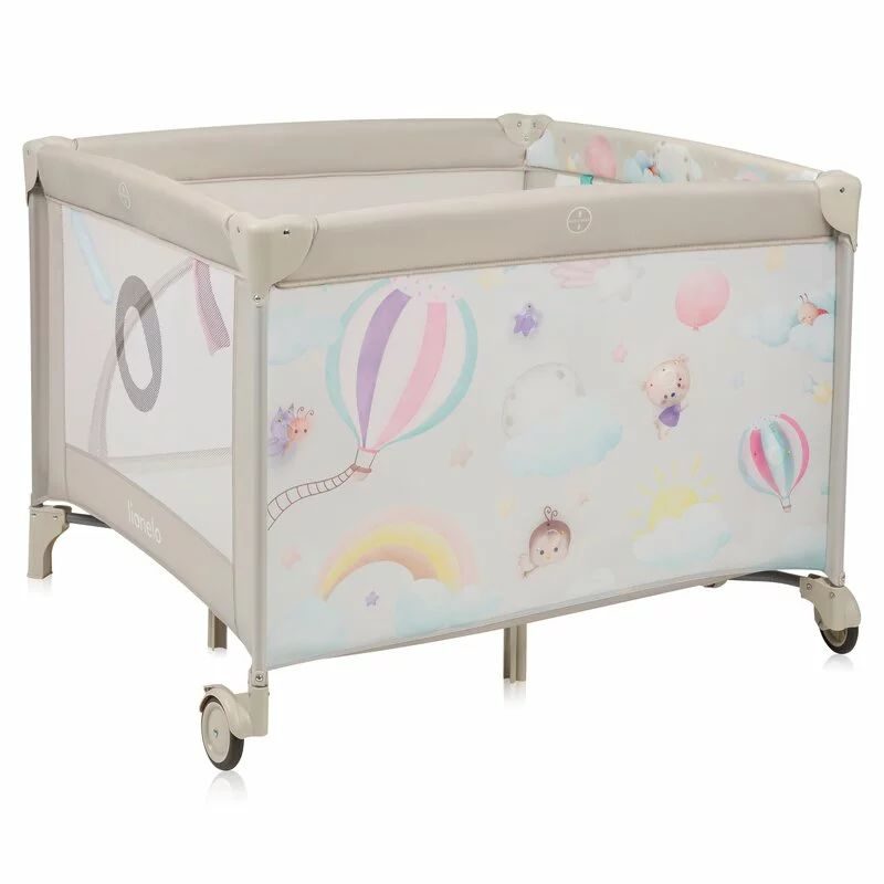 Tarc de joaca, Lionelo, Mille Plus, Pliabil, Include saltea cu densitate T25, 4 jucarii cu velcro, Manere textile, Geanta de transport, Cu roti si inchidere laterala, Pereti din plasa pentru vizibilitate si aerisire, 100 x 100 x 77 cm, Bej